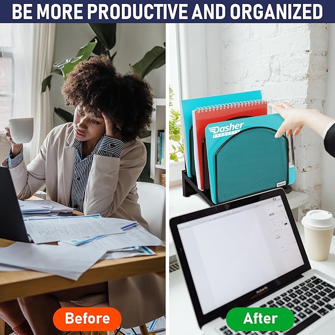 Dasher Products Inclined File Sorter Desk Organizer - File Rack with 5 Upright Sections for Documents, Binders, Folders, Clipboards, and More. Desktop Organization for Home, Office, School, and Store