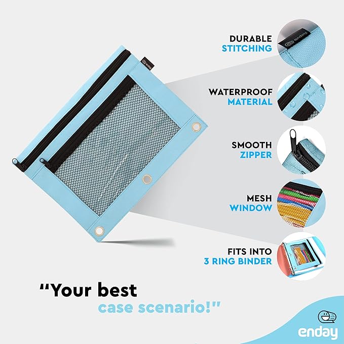 Enday Blue Pencil Pouch For 3 Ring Binder, Zippered Binder Pencil Pouches, 3 Ring Pencil Pouch for Binder, Pencil Case for Binder, Large Pencil Bags for School, Home, and Office