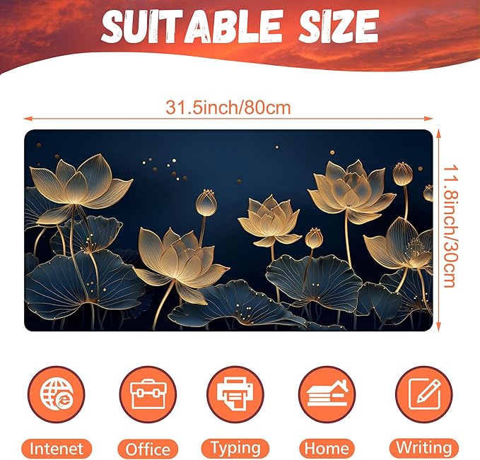 Desk Pad,Luxury Golden Lotus Line Arts Desk Mat,Dark Blue Background Large Gaming Mouse Pad for Desk,31.5"x15.7" Extended Big Computer Keyboard Mouse Pad with Non-Slip Base and Stitched Edge