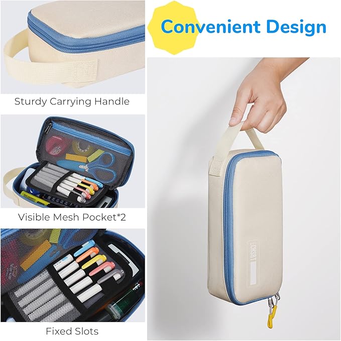 ECHSRT Pencil Case for Men Women, Large Pen Bag for Adults, Portable Pencil Pouch Aesthetic with Handle, Zipper Cases for Office Organizer Beige