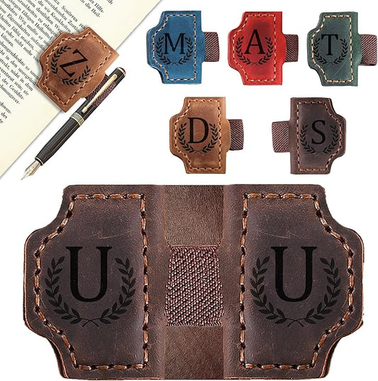 Bygone Mark Bookmark with Pen Holder, 26 Letters Name Initial Personalized Magnetic Bookmarks, Leather Book Mark for Men Women, Travelers Accessories, Teachers Readers Book Lovers Gifts (Coffee, U)