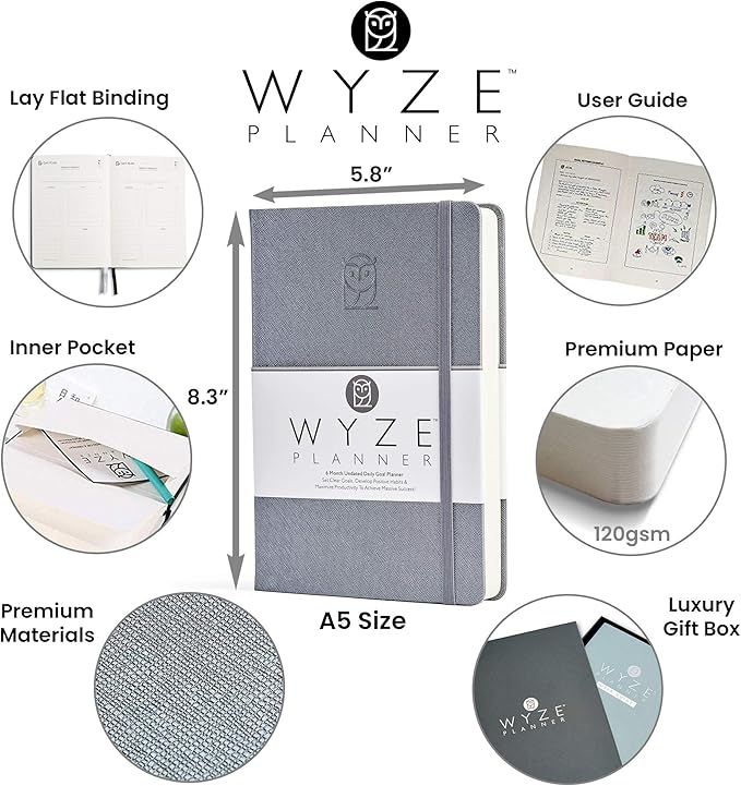 Undated Daily Planner – 6-Month A5 Productivity Organizer with Full Page Per Day, Hourly Schedule, Goal Setting, Habit Tracker, Weekly & Monthly Pages – Hardcover Time Management Notebook (Gray)