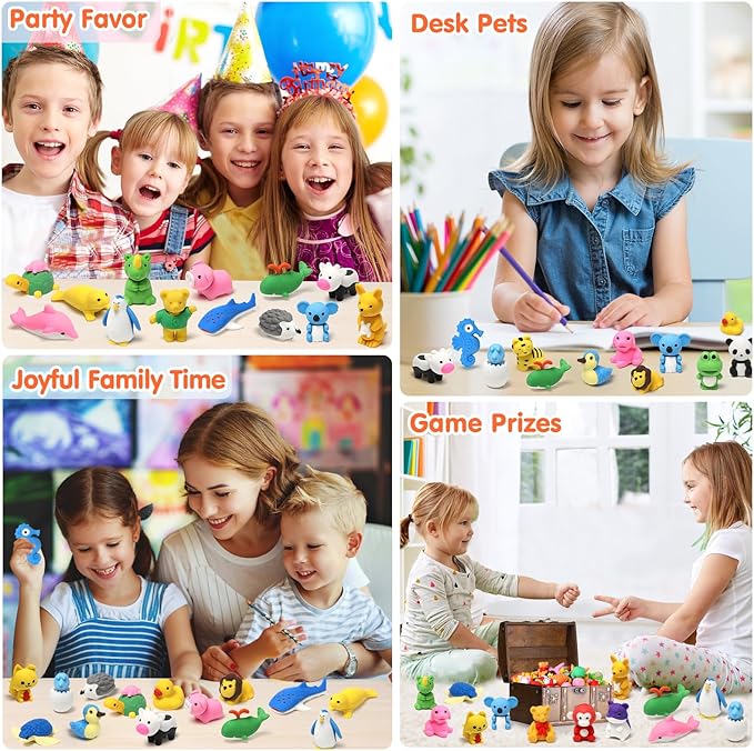 34 Pack Animal Pencil Erasers for Kids, 3D Mini Puzzle Take Apart Erasers, Desk Pets & Treasure Box Toys, Bulk Party Favors, Classroom Prizes, School Supplies, Gift for Boys & Girls