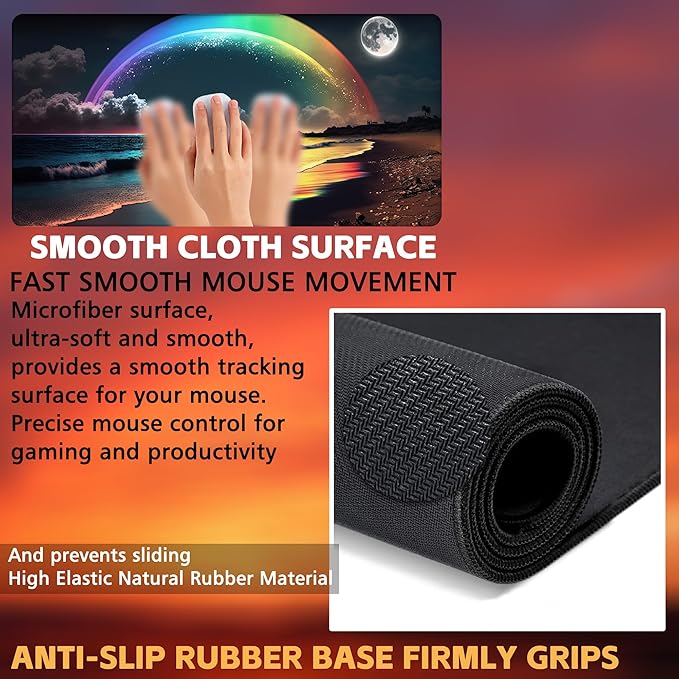 Desk Mat, Rainbow and Full Moon Desk Pad, Beach at Night Large Gaming Mouse Pad for Desk, 31.5"x15.7" Extended Big Computer Keyboard Mouse Pad with Non-Slip Base and Stitched Edge