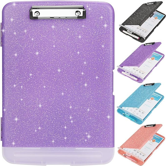 Glitter Clipboard with Storage,Storage Clipboard with Pen Holder,A4 Binder Clip Boards 8.5x11 with Low Profile Clip,Side Opening Sparkle Clipboards, Clipboards Folder for Office Supplies-Pale Purple