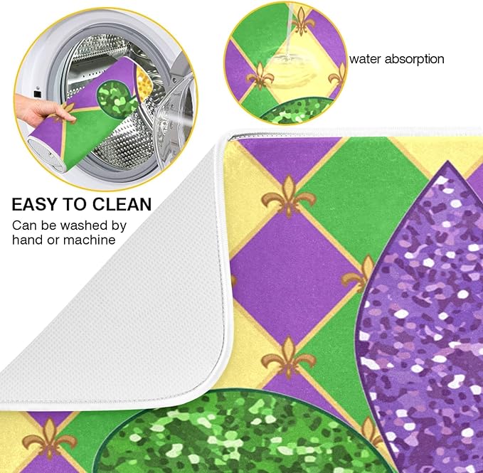 Mardi Gras Fleur De Lis Dish Drying Mat 18 X 24 Inch Rhombus Carnival Mask Absorbent Microfiber Dry Dishes Pads Tableware Mats Protector for Kitchen Countertops Counter Home Decorations
