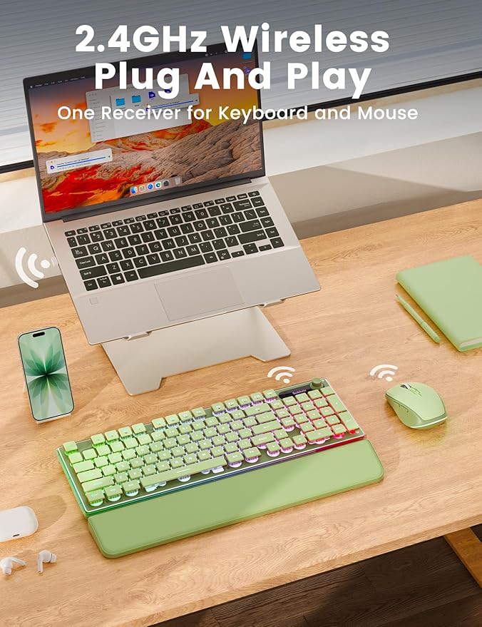 Wireless Keyboard and Mouse Combo - 9 Backlit Effects, Wrist Rest, Double-Shot Keycaps, Metal Panel, Long-Lasting Rechargeable, 2.4G Keyboard Mouse Set for Windows Mac PC Laptop – Sablute (Green)