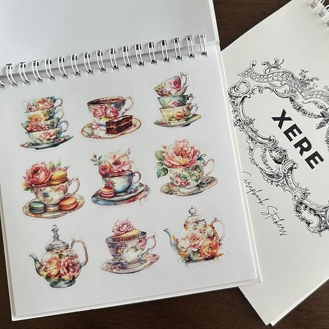 XERE 144 Pcs Tea Sets Four Seasons Sticker Book for Journaling Notebooks, Sketchbook, Bookmark Making, Junk Journal, Budget Planner, Scrapbook Art Supplies Stickers
