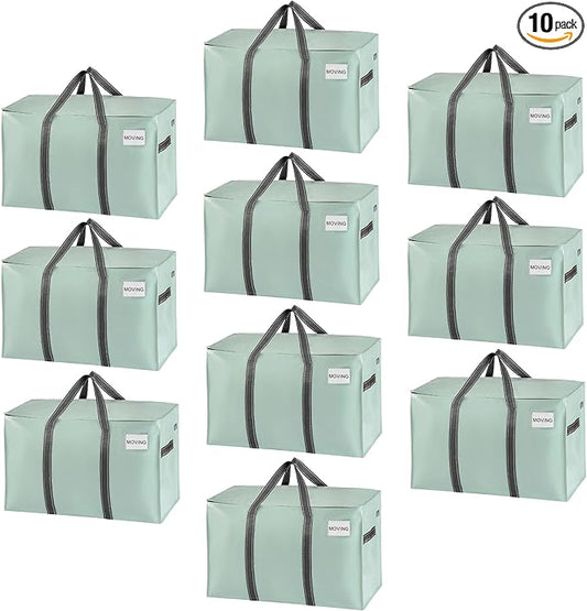 VENO 10 Pack Moving Bags, Heavy Duty, Moving Boxes Alternative, Packing Storage Supplies for Dorm Room Essentials with Zipper for Clothes, Extra Large Totes for Packaging (Shiny Light Green, 10 Pack)