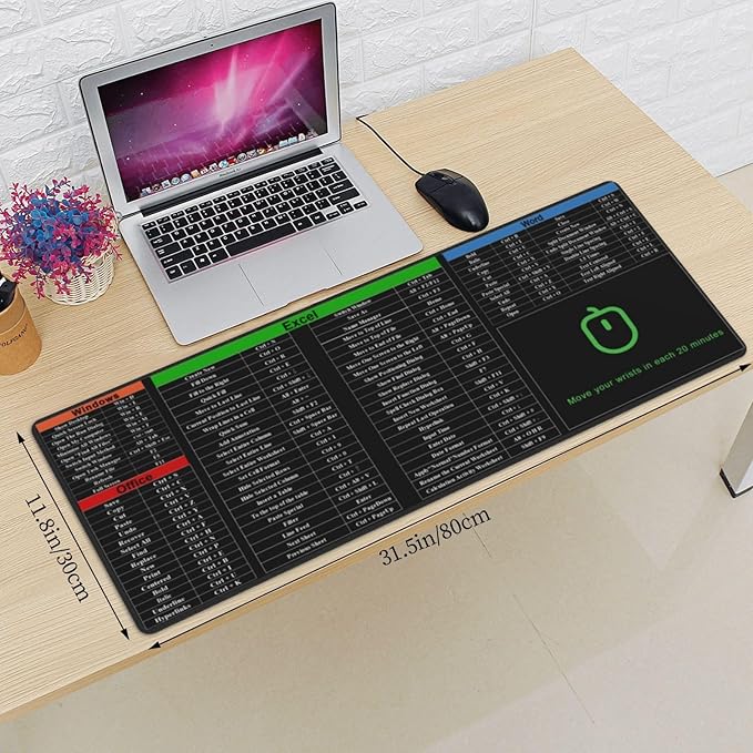 Excel Shortcut Keys Mouse Pad, Computer Word Outlook Command Prompt Extended Large XL Cheat Sheet, Non Slip Rubber Base Stitched Edge Gaming Mousepad, PC Office Keyboard Mat 31.5 X 11.8 Inch