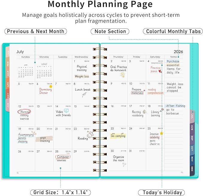 RETTACY 2026 Planner, Weekly and Monthly, Medium Size (5.7" x 8.3"), Jan - Dec 2026, Agenda, Calendar, 12 Month Tabs, Flexible Plastic Cover, 100 GSM Thick Paper, Spiral-bound (Tiffani Blue)