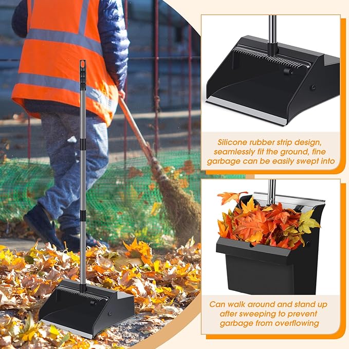 Leumoi 4 Pcs Dust Pans with Long Handle Set 36.6 Inch Commercial Dust Pan with Comb Large Plastic Stand up DustPans for Outdoor Indoor Restaurant Home Office Floor Cleaning (Black)