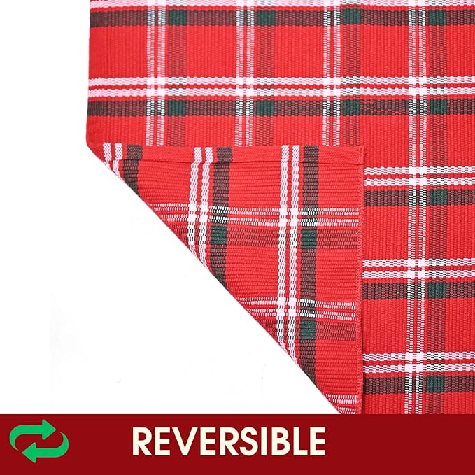 Christmas Red Green White Plaid Rug, 3' x 5' Cotton Hand-Woven Buffalo Check Layered Door Mat for Front Porch, Entryway, Outdoor Holiday Decor, Washable Farmhouse Rug for Home, Patio, Kitchen