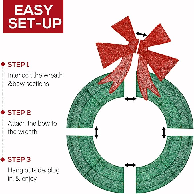 Hykolity 60 in. 3D Lighted Outdoor Christmas Wreath with 210 LED Lights & Red Bow, Christmas Holiday Yard Decoration for Garden, Porch - Green