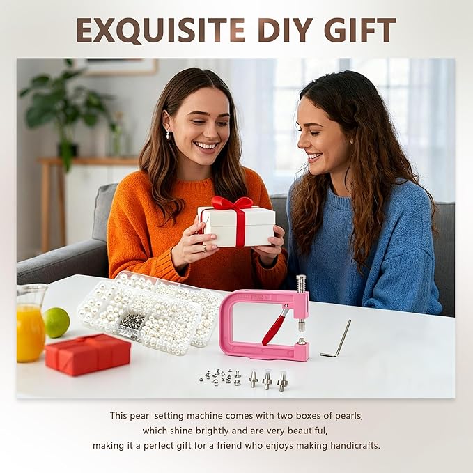 Pearl Setting Machine Hand Press Tools 2 Boxes White No Holes Pearl Beads with Rivet Studs Screw Heads L Hexagon Wrench for Decorating Clothes Hat Trousers Dresses Bag Hair Band DIY Crafts (Pink)