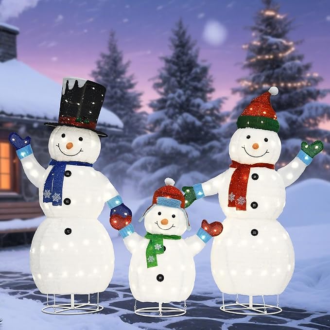 62"/60"/35" Large 3D Pop-Up Snowman Set, Lighted Snowman Family Outdoor Christmas Decor with 250 Warm White LEDs, Ground Stakes, Holiday Lawn Yard Garden Decorations, Set of 3