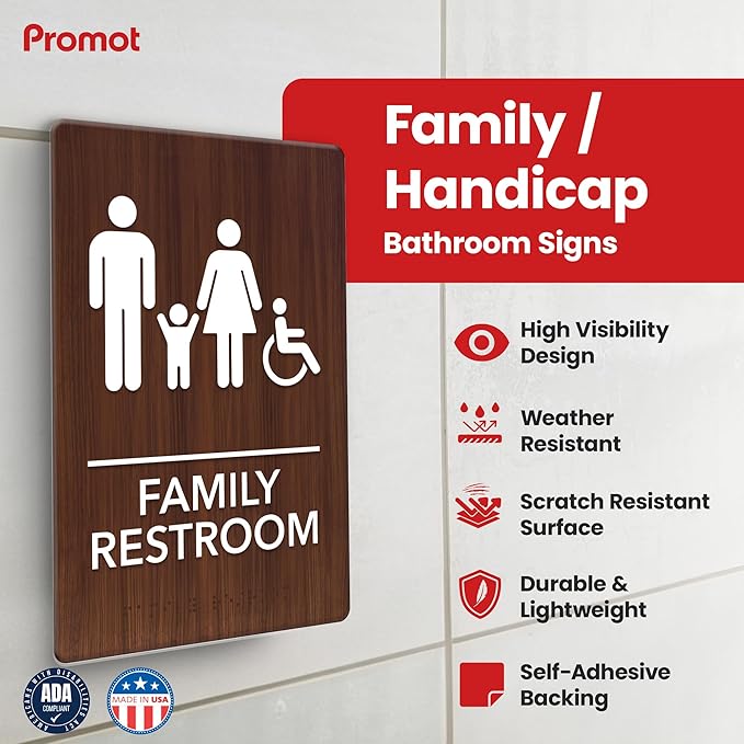 Promot Family Restroom Sign – ADA Braille Bathroom Sign for Business, Self-Adhesive, 9" x 6", Commercial Door Signage, Office Wall Decor - Walnut
