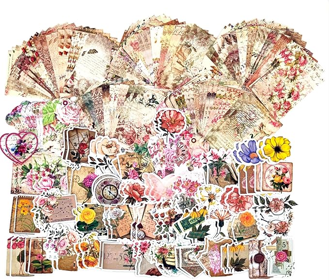 200PCS Vintage Scrapbooking Supplies Pack, Aesthetic Scrapbook Sticker Paper Art Journaling Kit for Bullet Junk Journals,Planner,Cottagecore Decor Gifts (Multiflora)