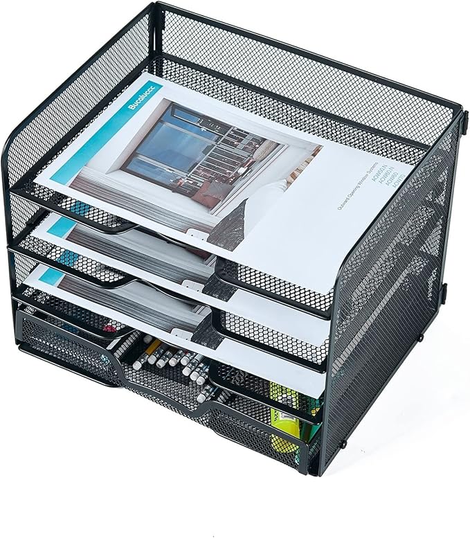 SETTFRFE 4 Tier Mesh Paper Letter Tray,Desk File Organizer with A Sliding Drawer,Office Supplies Desk Organizer for Home Office,Black.