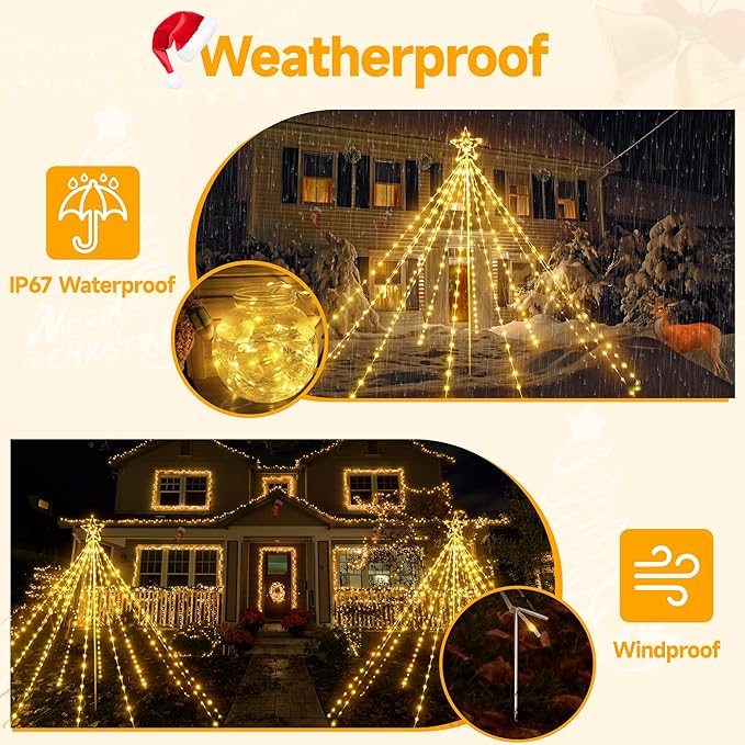 Ollny Christmas Lights Tree 340LED with Topper Star, IP67 Waterproof Remote Control Waterfall Lights with Pole, 16 Modes 3 Timers Dimmable Light Decorations for Outdoor Yard Garden Lawn(Warm White)