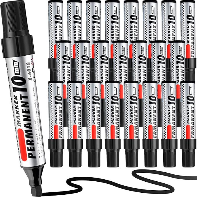 Thenshop 24 Pack Jumbo Size Permanent Markers Bulk Permanent Marker Set Chisel Tip Pens Waterproof for Industrial Use Work on Wood Metal Plastic Stone Glass(Black)