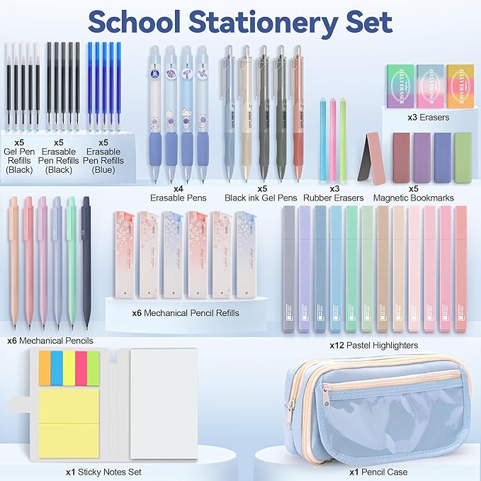 61 PCS Aesthetic School Supplies with Cute Pen Case, Pastel Highlighters, Gel & Erasable Pens, Mechanical Pencils, Refills, Complete Essentials Stationery Kit for Students (Blue)