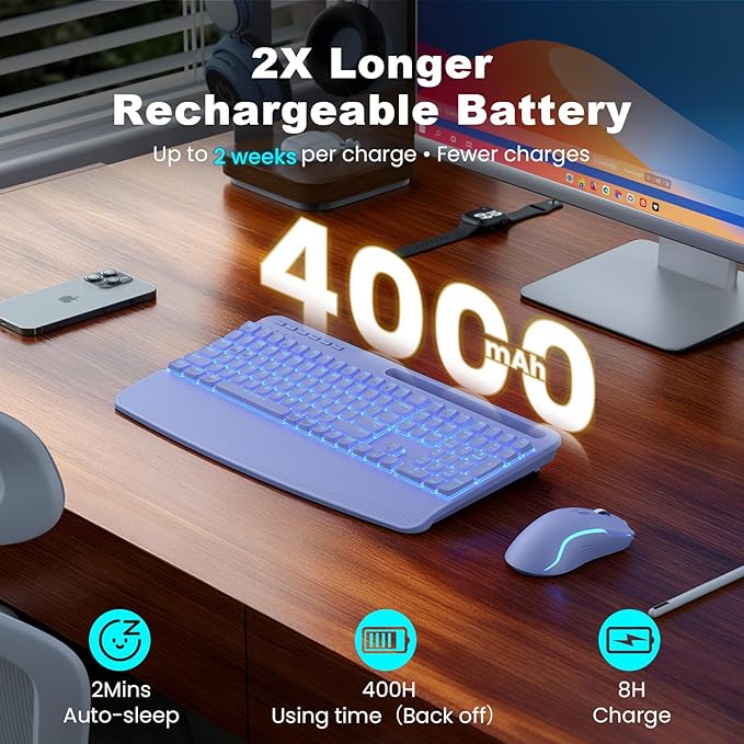 Purple Keyboard and Mouse Wireless Combo, 4000mAh Rechargeable Backlit Quiet Keyboards mice Set, USB Ergonomic Key Board with Wrist Rest & Phone Holder for PC, Mac, Windows, Natural Soft Typing