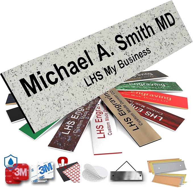 Door Name Plate Personalized for Office Stone Granite Plastic Name Plate Black Letters - Made in USA 2x6 S3
