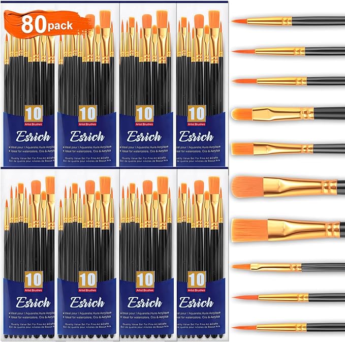ESRICH Acrylic Paint Brushes Set,8Packs /80 Pcs Black Nylon Paintbrushes, Suitable for Acrylic Oil Watercolor Rock Body Face Nail Art,Perfect Suit of Art Painting, Best Gift for Kids Adult Drawing
