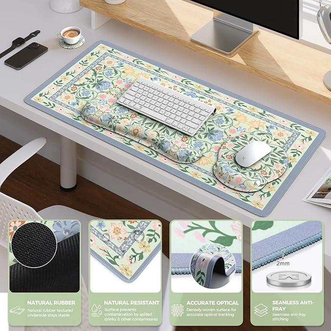 iCasso Desk Cover Mat, Gaming Mouse Pad Wrist Support Set,4in1 XXL Large Mousepad + Keyboard Wrist Rest+Mouse Wrist Rest+Coaster Set with Ergonomic Design for Home Office Table Computer(Green Flowers)