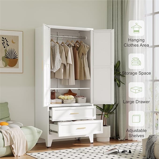 Metal Wardrobe Cabinet with Hanging Rod,71" Armoire Wardrobe Closet with 2 Drawers,Farmhouse Metal Clothing Storage Cabinets with Door and Adjustable Shelves for Bedroom,Laundry Room(White)