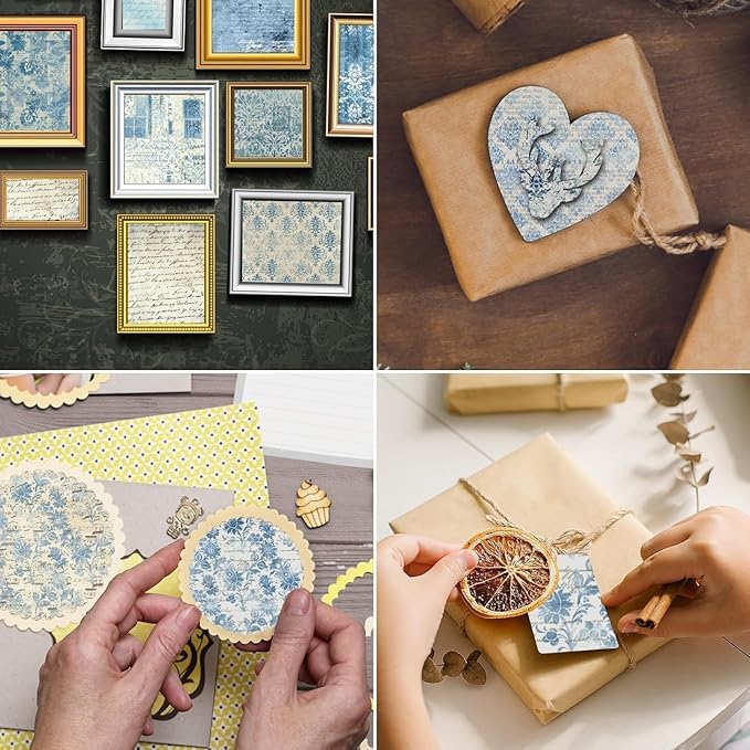 48 Sheets Vintage Blue Floral Scrapbook Paper, Retro Blue Pattern Decorative Scrapbook Paper for Junk Journals DIY Cards and Photo Albums,Aesthetic Craft Supplies for Kids and Adults