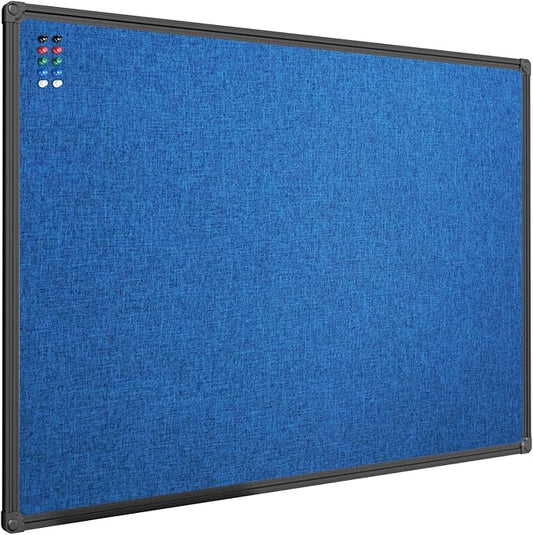 JILoffice Cork Linen Bulletin Board 36 X 24 Inch (Blue), Black Aluminum Frame Wall Mounted Board Memo Pin Board for Office Home and School