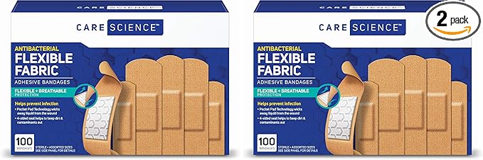Care Science Fabric Adhesive Bandages, 100 ct Assorted Sizes | Flexible + Breathable Protection Helps Prevent Infection for First Aid and Wound Care (Pack of 2)