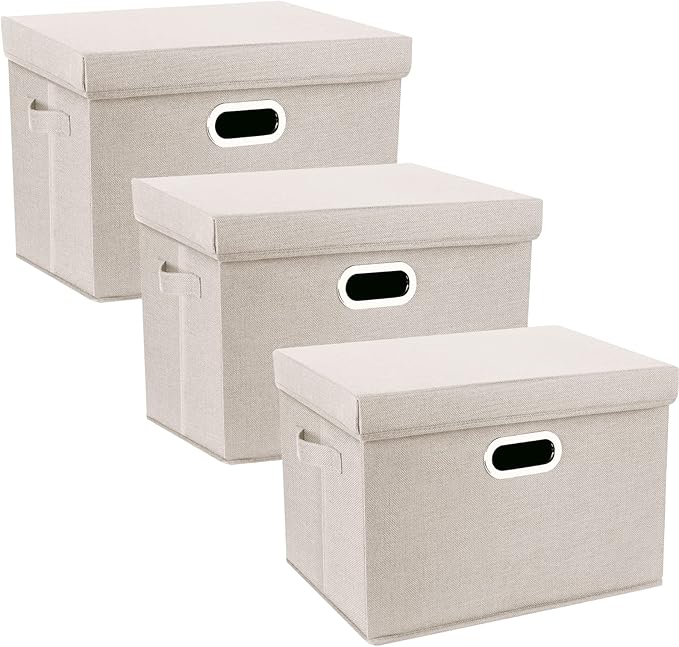 TYEERS Large Storage Bins with Lids, Collapsible, Washable, Fabric Storage Boxes for Organizing, 17.3x11.8x11.4 inches, 3 Pack, Beige