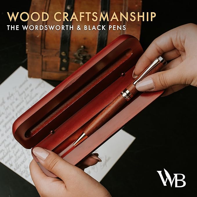 Wordsworth and Black Ballpoint Pen Set - Stunning Luxury Pen Bamboo Rosewood Gold Finish, Refillable, Best Ball Pen for Men & Women, Black Ink Refill, Elegant, Point Pen