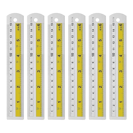 HARFINGTON 6pcs Metal Straight Ruler 15cm Metric SAE Aluminum Alloy Measuring Rulers Scale Tool with Hole for Measure Study Reading Classroom Office, Yellow