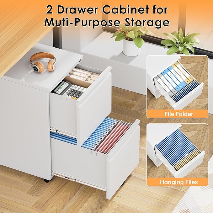 INTERGREAT 2 Drawer File Cabinet, Metal Filling Organizer with Lock, Locking Office Mobile Cabinet with Wheels for Legal/Letter Size, Under Desk, White