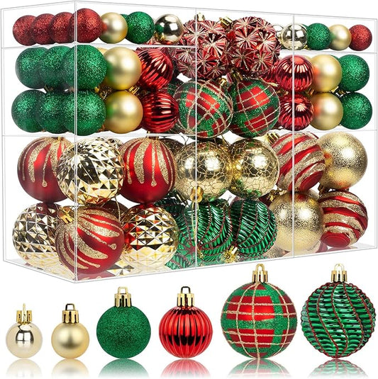 100ct Christmas Ball Ornaments Set, Red Green and Gold Shatterproof Hand-Painted Hanging Baubles Decoration Bulk for Xmas Tree, Wreath, Garland, Home Holiday Decor