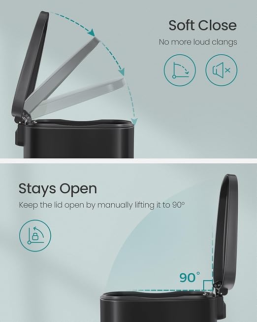 SONGMICS 13 Gallon (50 L) Trash Can, Stainless Steel Kitchen Garbage Can, Recycling or Waste Bin, Soft Close, Step-On Pedal, Removable Inner Bucket, Black ULTB050B01