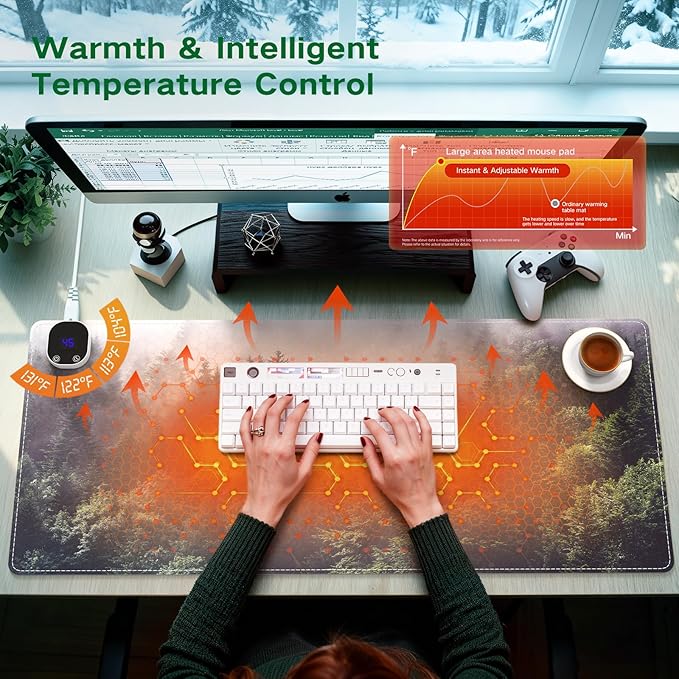 iCasso Heated Mouse Pad Hand Warmer, XXL Aesthetic Heated Desk Pad, 35.4" x 15.7" Large Mouse Pad with 4 Heating Levels for Computer Keyboard, Large Mousepad for Home Office Work (Forest)