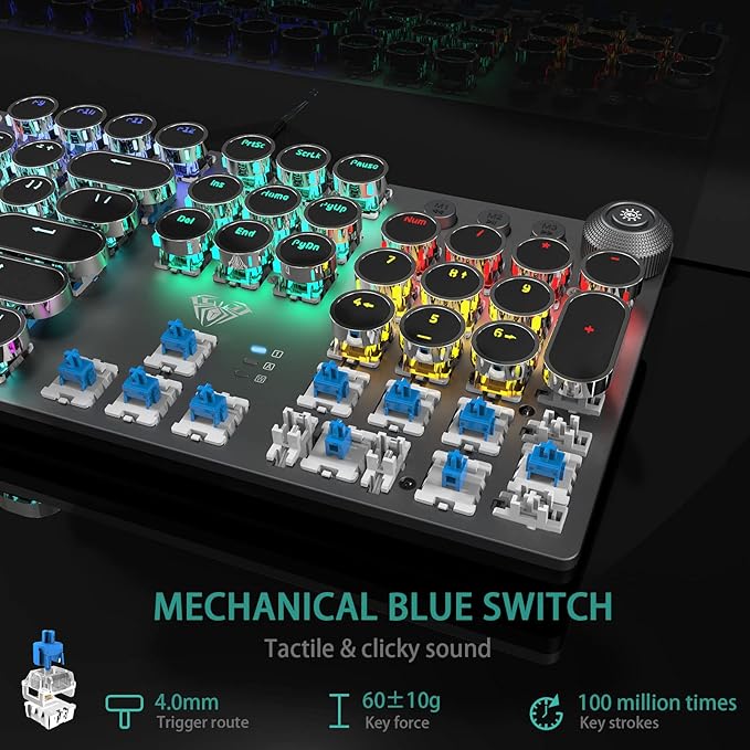AULA F2088 Typewriter Style Mechanical Gaming Keyboard Blue Switches,Rainbow LED Backlit,Removable Wrist Rest,Media Control Knob,Retro Punk Round Keycaps,USB Wired Computer Keyboard