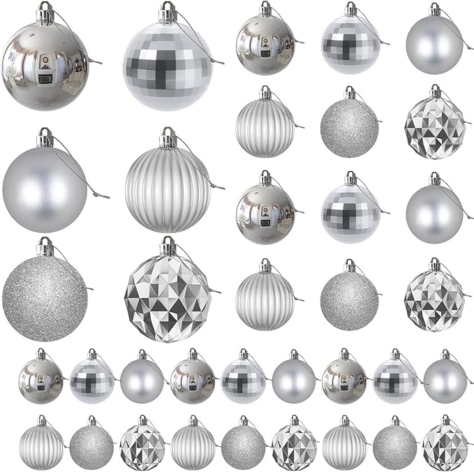 Silver Christmas Ornaments - Christmas Tree Decorations Shatterproof Hanging Balls for Birthday Wedding Holiday Decor Set of 36pcs, Multi-Sizes(1.6",2.5",3.2")