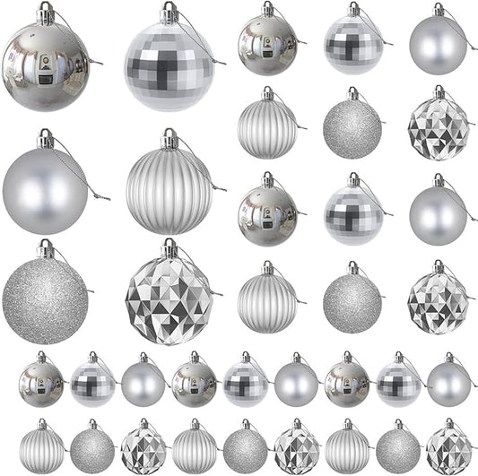Silver Christmas Ornaments - Christmas Tree Decorations Shatterproof Hanging Balls for Birthday Wedding Holiday Decor Set of 36pcs, Multi-Sizes(1.6",2.5",3.2")