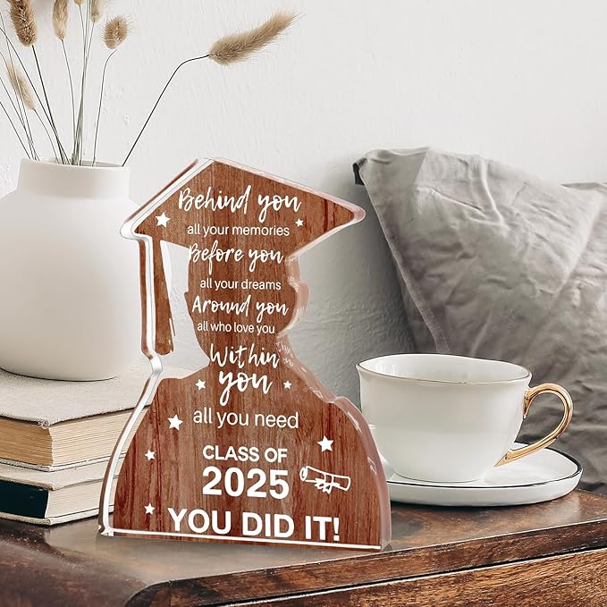 2025 Graduation Gifts for Him Class Of 2025 College Graduation Decoration, Inspirational Positive Congratulations Graduation Quote Behind You All Your Memories Card Wood-Like Acrylic Plaque Desk Decor