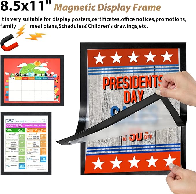 8.5"x11" Magnetic Sign Holder, Double Sided Window Self-Adhesive Frame, Transparent PVC and Strong Magnetic Display Frame for Home/Office/Poster/Certificate/Child Artwork Display (Black,6Pack)