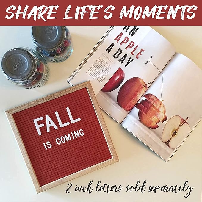 Felt Like Sharing Square Letter Board (Rusty Red Felt - 10”x10”) – Changeable Message Board with 3 Sets of Felt Board Letters – Statement Wall Sign for Quotes, Home or Holiday Decor In Oak Frame