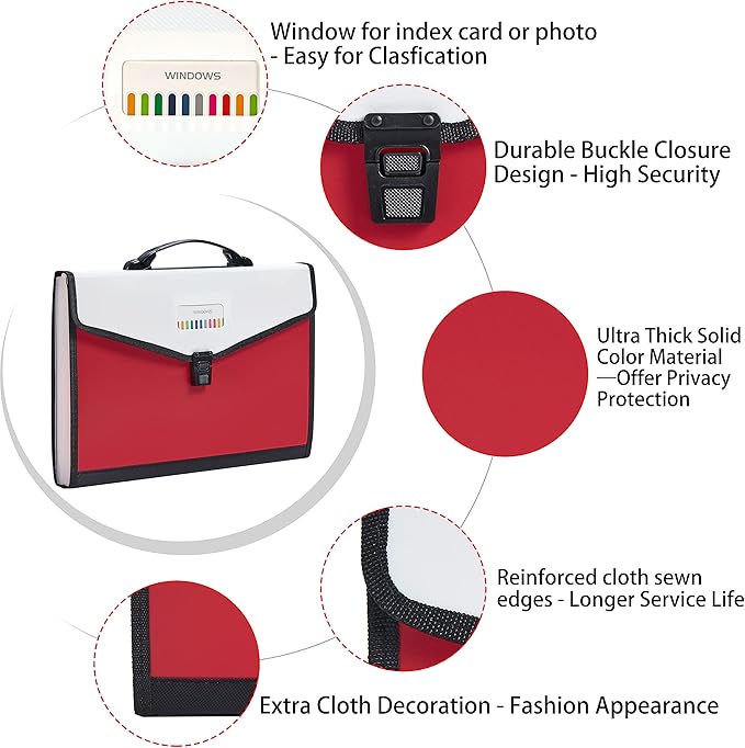 Legal Size 13-Pockets Expanding File Folder with Handle, Plastic Accordion Filling File Folder Expandable Monthly Portable Paper Document Organizer for Office School & Home (Red)