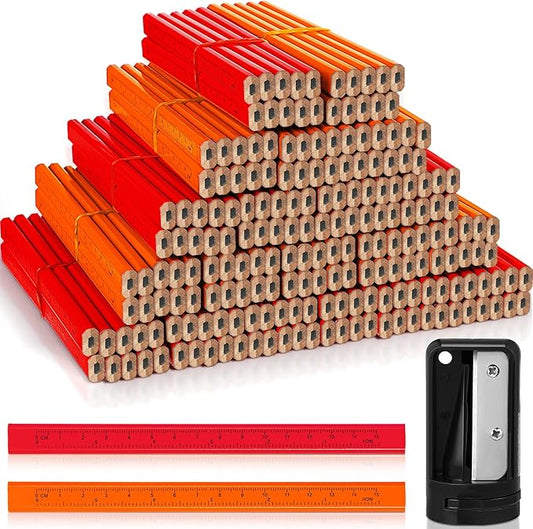 Honoson 200 Pcs Flat Construction Pencils with Printed Ruler Wood Graphite 2 Pcs Carpenter Pencil Sharpener for Woodworking Marking Tool (Orange and Red)