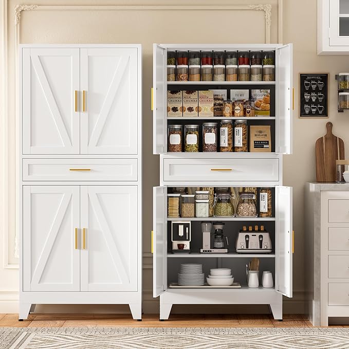 71" Tall Metal Storage Cabinet with Adjustable Shelves,Farmhouse Kitchen Pantry Cabinet with 2 Barn Doors and Drawer,Large Storage Cabinets for Dining Room,Bathroom,Living Room(White)